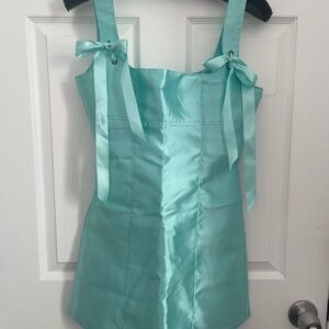 Dolls Kill Aqua Satin Mini Dress with Bow Straps